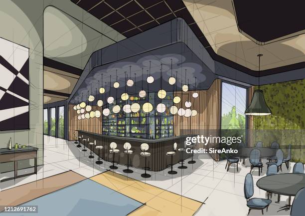 illustration of interior design - modern restaurant interior stock illustrations