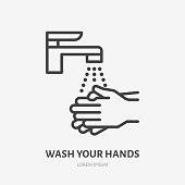 Wash your hands line icon, vector pictogram of personal hygiene. Disease prevention, hand disinfection illustration, sign for public restroom warning poster