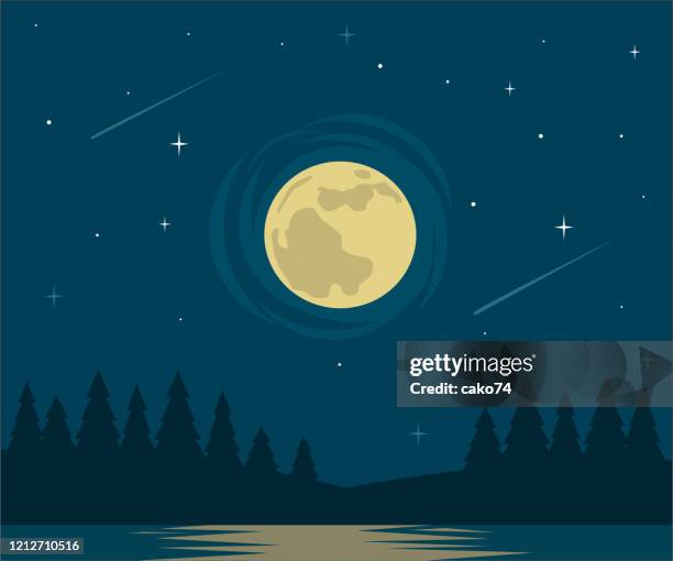 moon and lake flat design - meteor shower stock illustrations