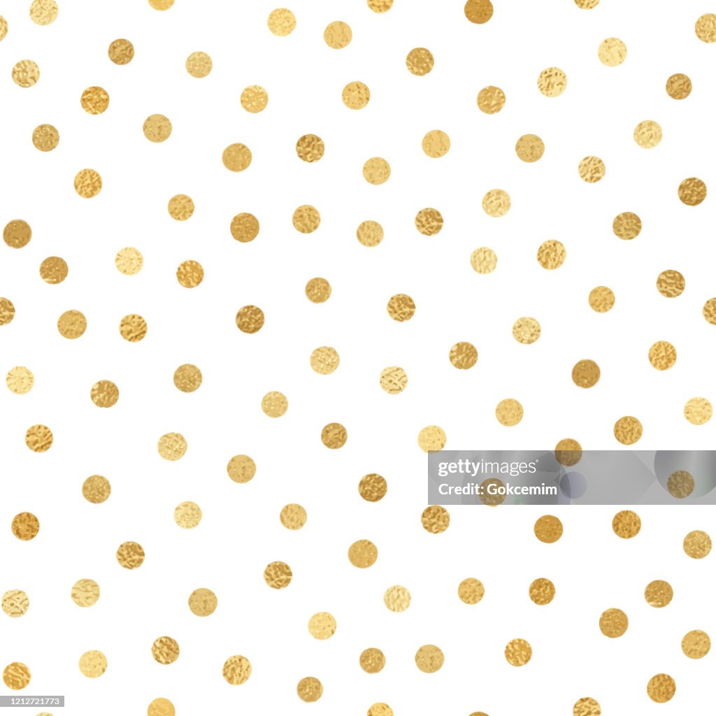 Gold Foil Confetti Seamless Pattern Background. Geometric abstract vector pattern tile. Repeating banner design metallic golden texture for cards, party invitation, packaging, surface design.