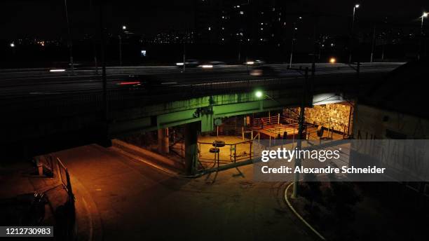 An aerial view of Nilson Garrido's boxing ring under Alcantara Machado viaduct on May 07, 2020 in Sao Paulo, Brazil. In addition to being a former...