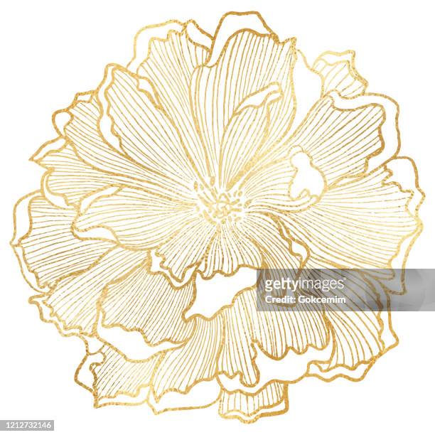 hand drawn gold foil peony flower background. elegant design element for greeting cards (birthday, valentine's day), wedding and engagement invitation card template. - wedding symbols stock illustrations