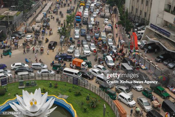 May 11, 2020 -- Aerial photo taken on May 11, 2020 shows a major road clogged with traffic in Bangladesh capital Dhaka's Motijheel commercial area....