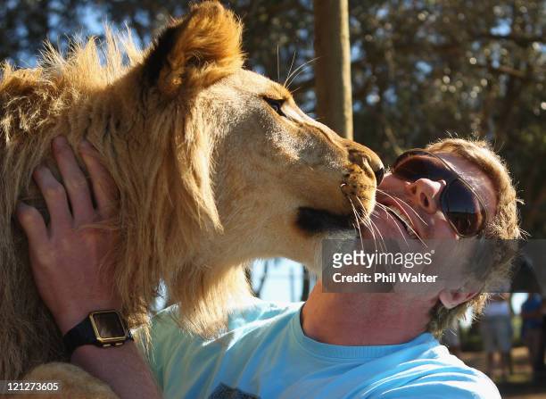 Adam Thomson of the All Blacks is licked by a Lion at the Seaview Lion Park on August 17, 2011 in Port Elizabeth, South Africa.