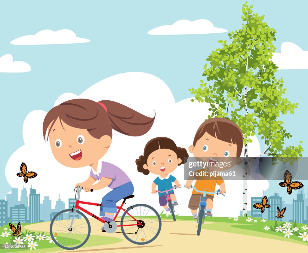 Blue Cartoon Rides Kids Riding Bikes Cartoon