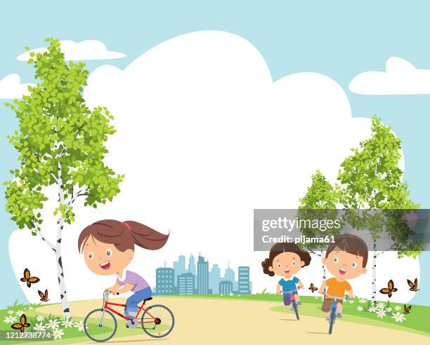 stockillustraties, clipart, cartoons en iconen met gelukkige jonge geitjes op fietsen - buitenspelen