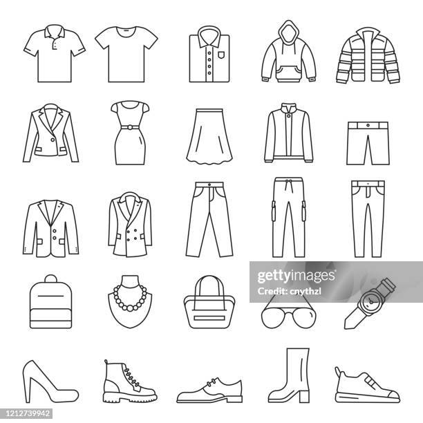 ilustraciones, imágenes clip art, dibujos animados e iconos de stock de conjunto de iconos de línea relacionados con la ropa. trazo editable. iconos de contorno simples. - jacket