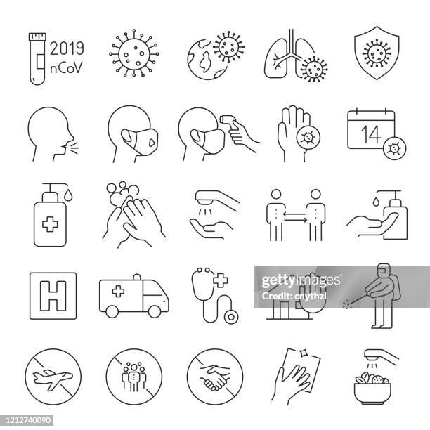 ilustraciones, imágenes clip art, dibujos animados e iconos de stock de conjunto de iconos de línea relacionados con coronavirus 2019-ncov. trazo editable. iconos de contorno simples. - pneumonia