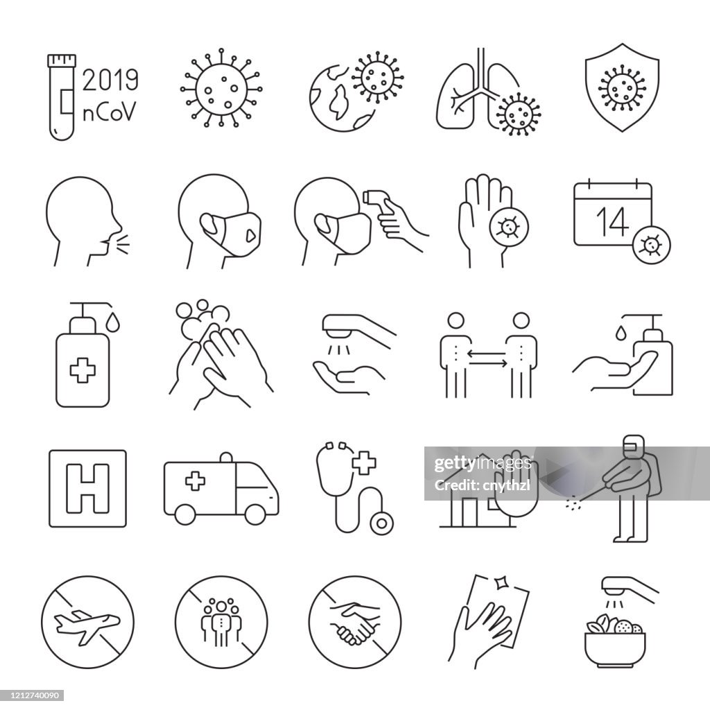 Set of Coronavirus 2019-nCoV Related Line Icons. Editable Stroke. Simple Outline Icons.