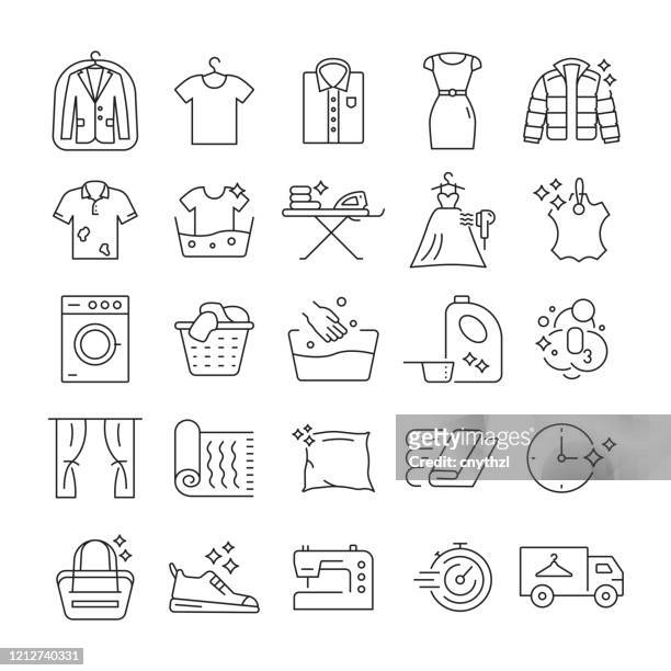set of laundry and dry cleaning related line icons. editable stroke. simple outline icons. - washing up stock illustrations