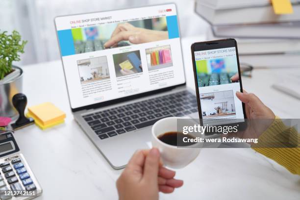 online e-commerce work from home - advertisement stock-fotos und bilder