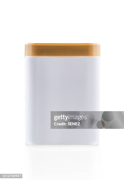 white blank tin can mockup. square packaging for tea and coffee. - ahead of the pack photos et images de collection