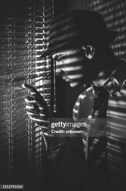 窓から見た帽子を持つレトロな男 - フィルム・ノワール風 ストックフォトと画像
