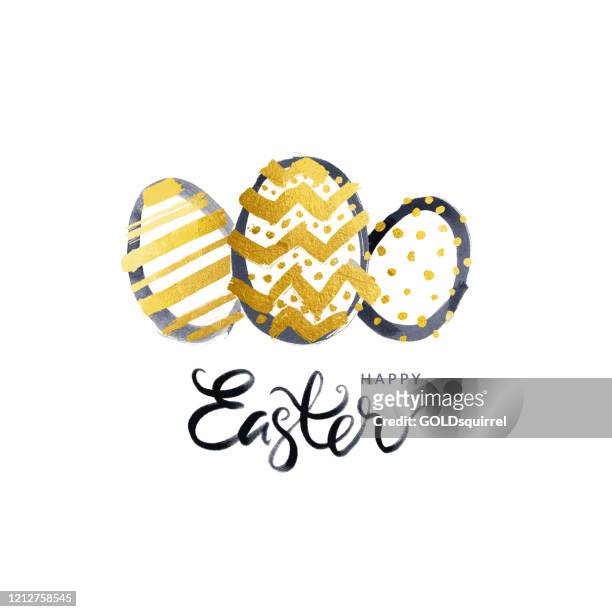 simple easter greeting card with three easter eggs in the middle and handwritten text under - vector illustration in black and gold colors isolated on white paper background with messy and uneven dots pots lines and zig zags - easter stock illustrations