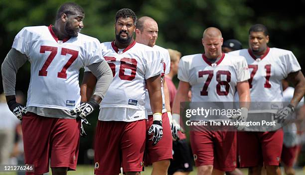 August 14 : Redskins' starting offensive line, L to R: offensive tackle Jammal Brown , guard Chris Chester , center Will Montgomery , guard Kory...