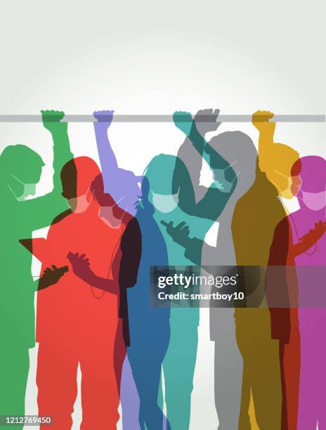 commuters with medical face masks - overcrowded bus stock illustrations