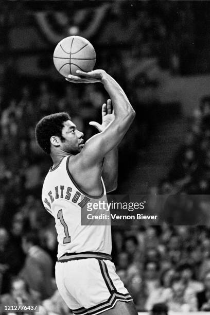 Oscar Robertson of Milwaukee Bucks shoots the ball during the game against the Boston Celtics circa 1973 at the MECCA Arena in Milwaukee, Wisconsin....