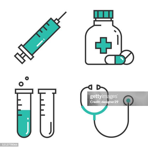 illustrazioni stock, clip art, cartoni animati e icone di tendenza di set di icone mediche. bottiglia di pillola, stetoscopio, siringa, provetta e design vettoriale del concetto di assistenza sanitaria su sfondo bianco. - test tube