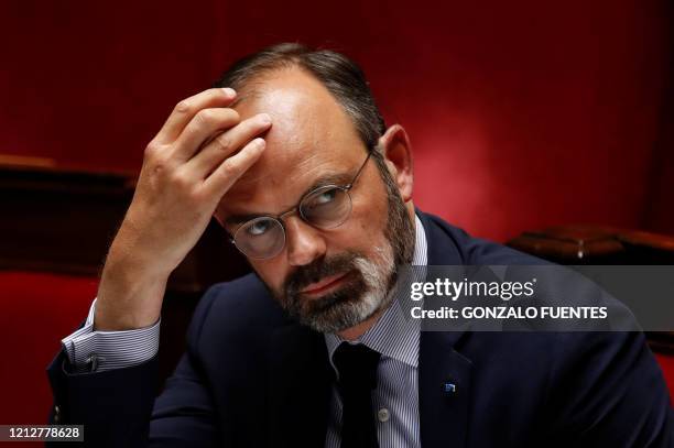 French Prime Minister Edouard Philippe reacts during the questions to the government session at the National Assembly in Paris, on May 12 two days...