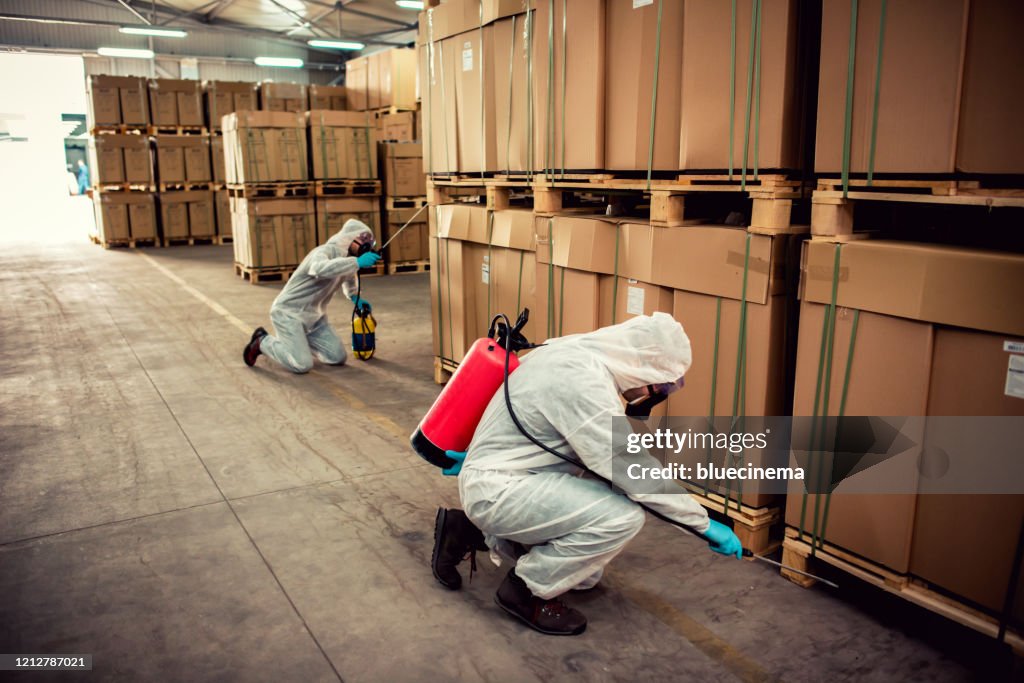 Exterminators in warehouse spraying pesticides with sprayer