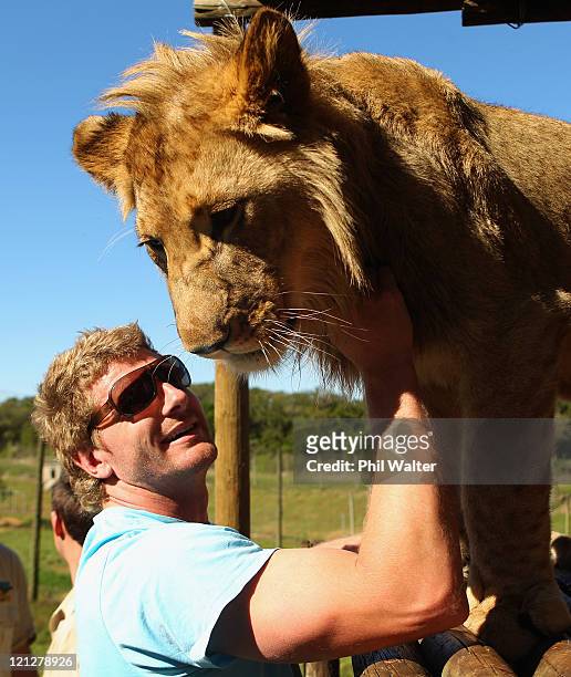 Adam Thomson of the New Zealand All Blacks strokes a Lion at the Seaview Lion Park on August 17, 2011 in Port Elizabeth, South Africa.