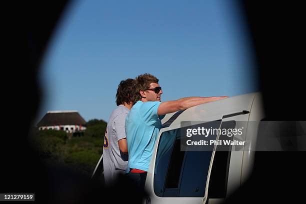 Adam Thomson and Sam Whitelock of the New Zealand All Blacks during a visit to the Seaview Lion Park on August 17, 2011 in Port Elizabeth, South...