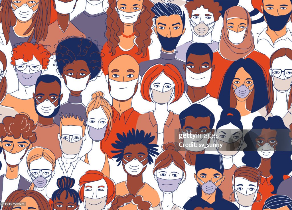 Diverse crowd group people wearing medical masks protection coronavirus epidemic.