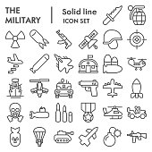 Military line icon set. Army signs collection, sketches, logo illustrations, web symbols, outline style pictograms package isolated on white background. Vector graphics.