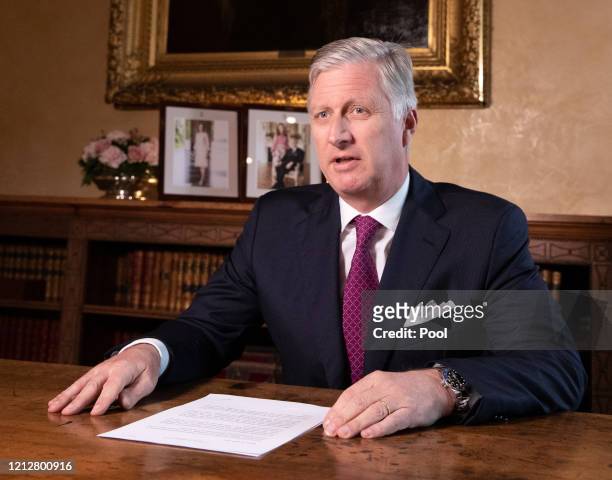 King Philippe of Belgium addresses the nation and the youth in particular to contain the spread of coronavirus on March 16, 2020 in Brussels,...