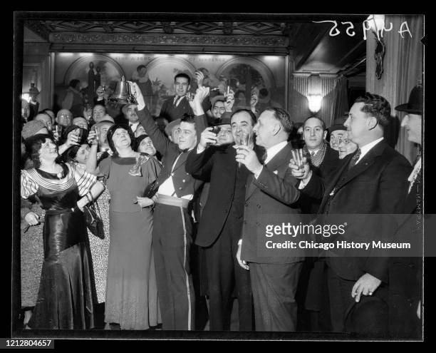 People celebrating the repeal of Prohibition at Hotel Brevoort's world famous Crystal Bar, Chicago, Illinois, December 1933.