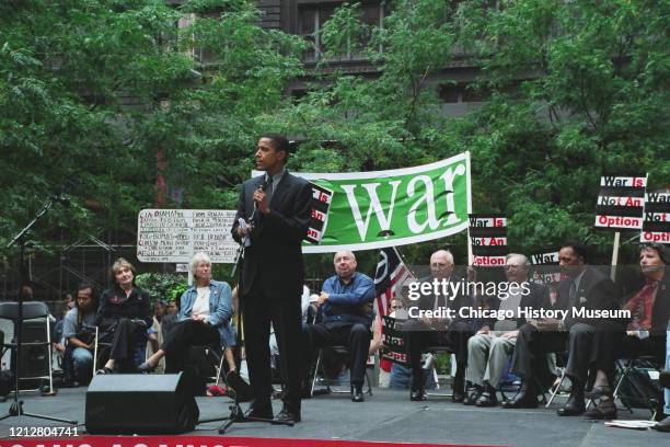 Illinois State Senator Barack Obama speaking at rally against a potential war with Iraq at Federal Plaza, around 200 South Dearborn Street, Chicago,...