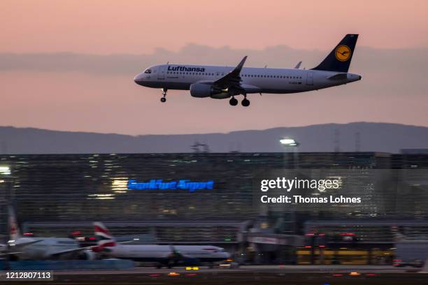 Lufthansa airplane lands at Frankfurt Airport as airlines are affected by travel bans related to the spread of the coronavirus on March 16, 2020 in...