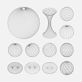 Spiral, circular rotating lines. Wireframe sphere objects. Network line, HUD design sphere.