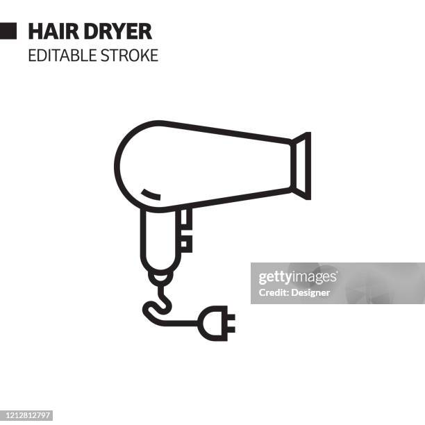 stockillustraties, clipart, cartoons en iconen met pictogram föhnlijn, illustratie van het overzichtsvectorsymbool. pixel perfect, bewerkbaar beroerte. - hair dryer