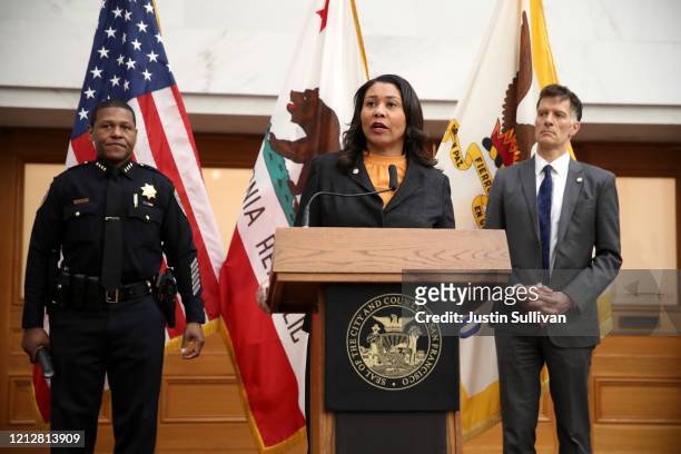 San Francisco Mayor London Breed speaks during a press conference as San Francisco police chief William Scott and San Francisco Department of Public...