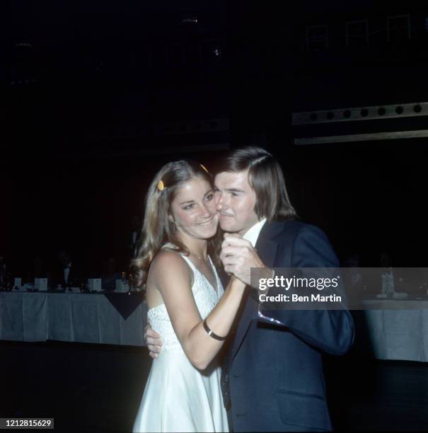 Chris Everett and Jimmy Conners, tennis champions engaged to marry, dancing at Wimbledon Ball, Dorchester Hotel, July 1972.