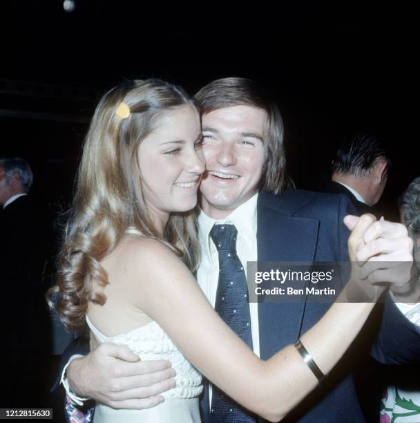 Chris Everett and Jimmy Conners, tennis champions engaged to marry, dancing at Wimbledon Ball, Dorchester Hotel, July 1972.