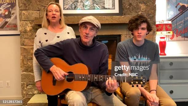 Episode 1258E -- Pictured in this screengrab: Musical guest James Taylor performs with wife Catherine "Kim" Smedvig and son Henry on May 7, 2020 --