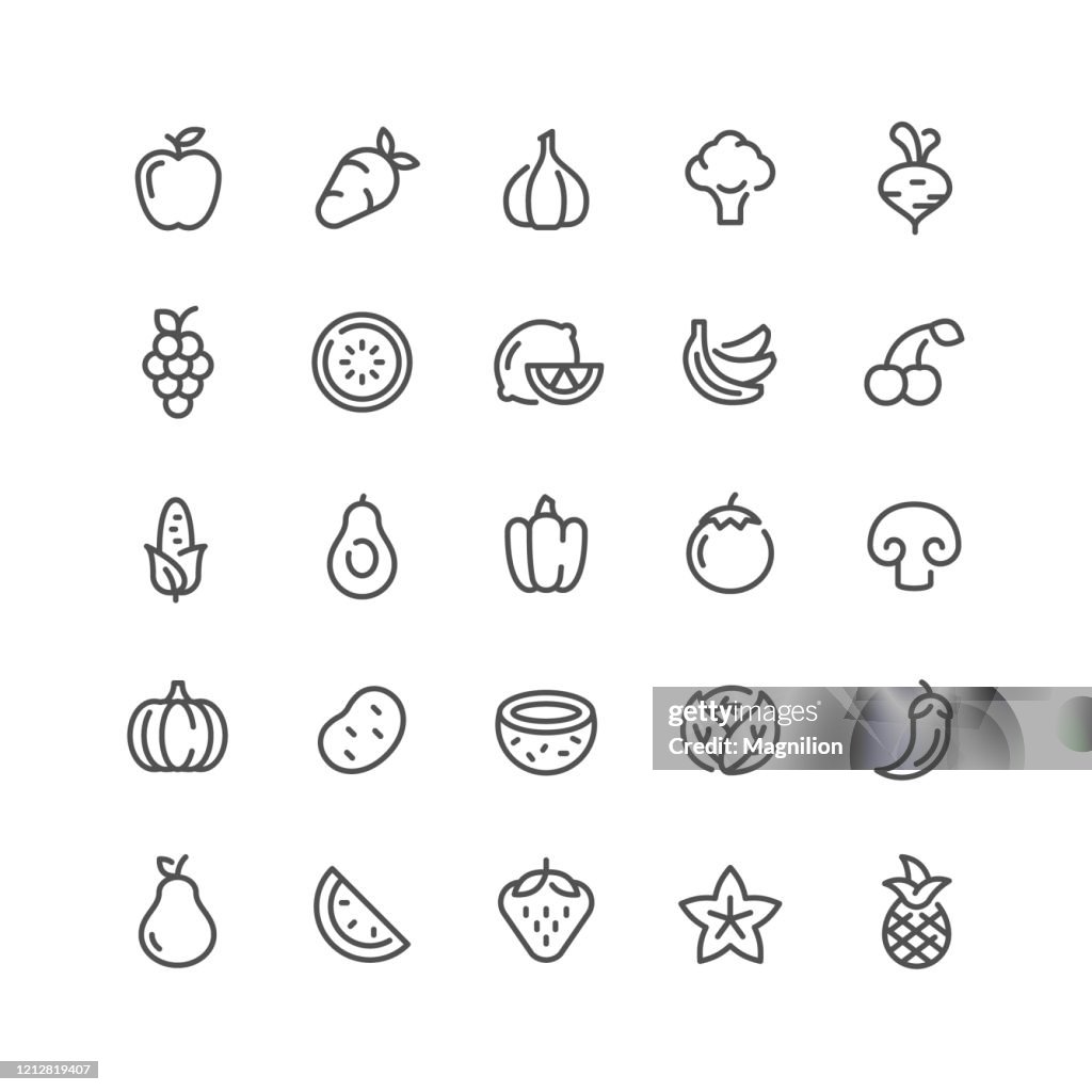 Ensemble d’icônes de ligne de fruits et légumes