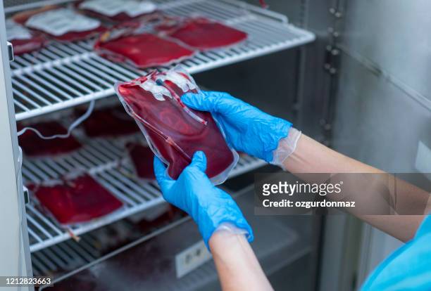 medico donna sta controllando sacchi di sangue in llaboratorio, in ospedale - sangue foto e immagini stock