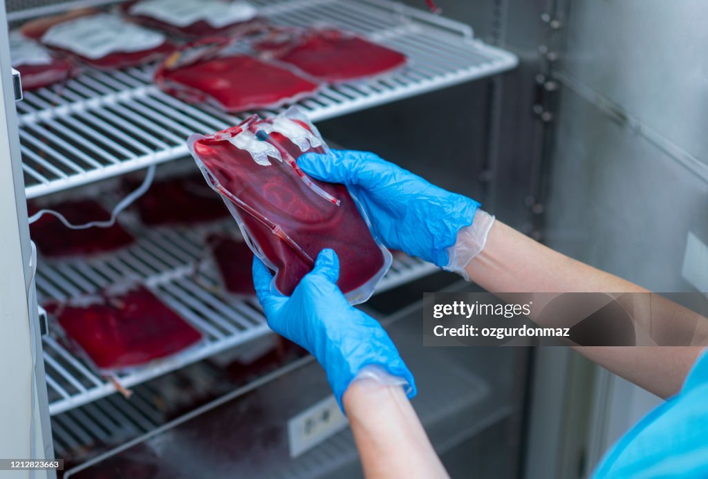 Female doctor is checking blood bags in lLaboratory, at hospital