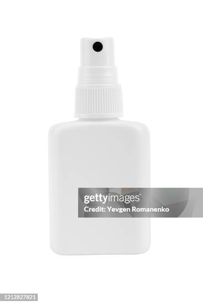 white medical bottle with sprayer for skin disinfection isolated on white background - spray bottle stock pictures, royalty-free photos & images