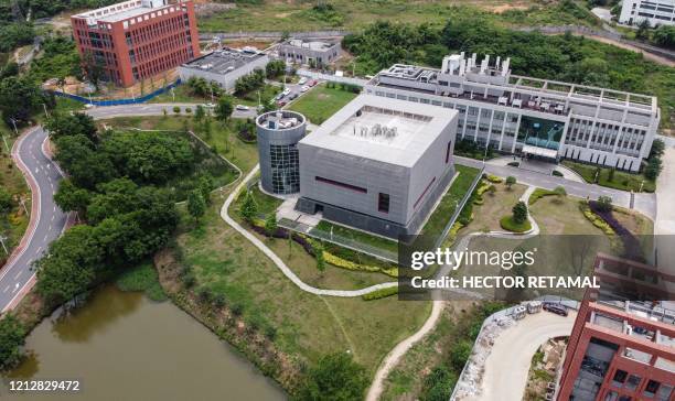 This aerial view shows the P4 laboratory on the campus of the Wuhan Institute of Virology in Wuhan in China's central Hubei province on May 13, 2020....