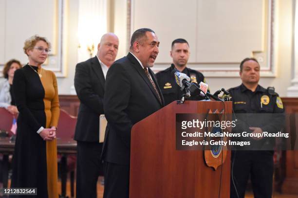 Reading, PA Reading Mayor Eddie Moran speaks in Reading City Council Chambers where City officials and United States Representative Chrissy Houlahan...