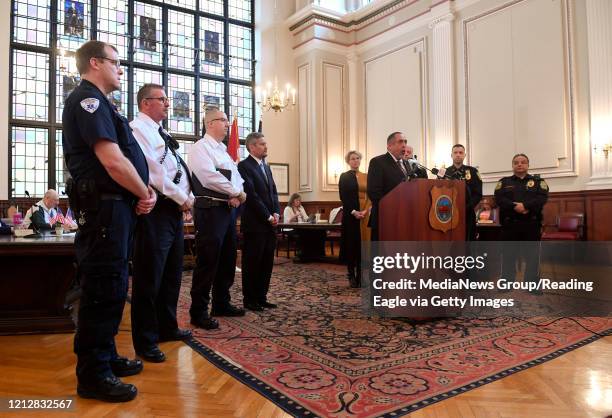 Reading, PA Reading Mayor Eddie Moran speaks in Reading City Council Chambers where City officials and United States Representative Chrissy Houlahan...