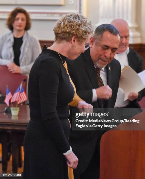 Reading, PA U.S. Rep Chrissy Houlahan and Reading Mayor Eddie Moran do an elbow bump instead of a handshake during the press conference in Reading...