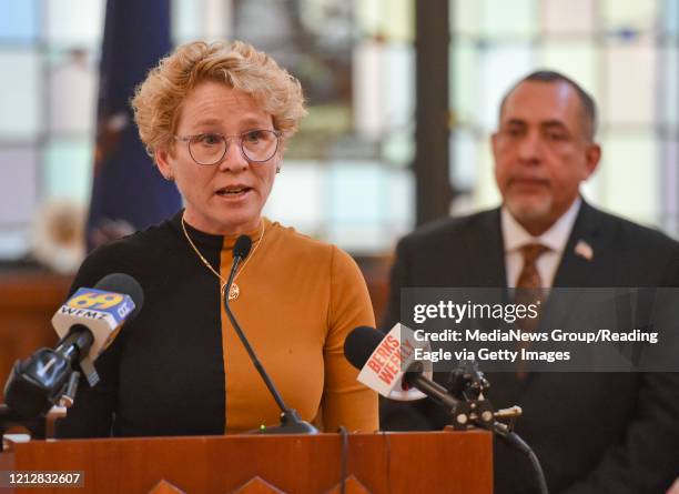 Reading, PA U.S. Representative Chrissy Houlahan speaks in Reading City Council Chambers where City officials and United States Representative...