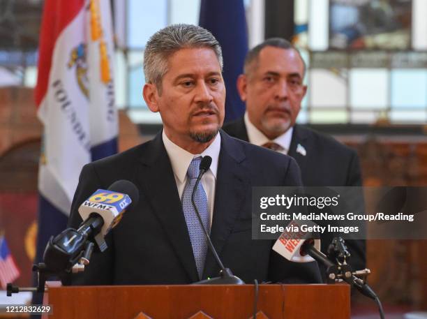 Reading, PA Reading Managing Director Pedro Cortes speaks in Reading City Council Chambers where City officials and United States Representative...