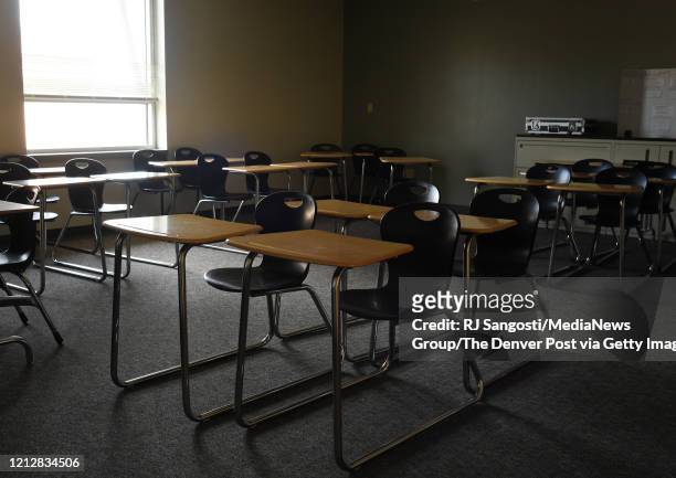 No students are in the classrooms at Lakewood High School on March 16, 2020 in Lakewood, Colorado. Jeffco Public Schools implemented a remote...