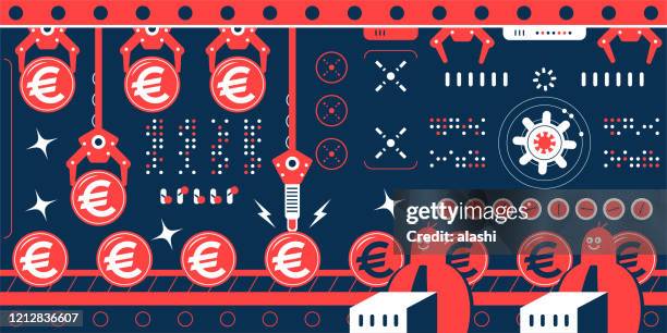 illustrazioni stock, clip art, cartoni animati e icone di tendenza di gruppo di ingegneri (consulente finanziario, uomo d'affari) lavora in una fabbrica con linea di produzione che mostra una fila di monete in valuta euro firmano l'unione europea - european union coin